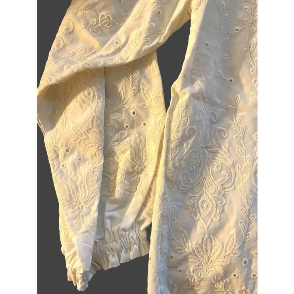 Size M White Cotton Women's Cactus + Pearl Embroidered Peasant Top - Picture 5 of 9